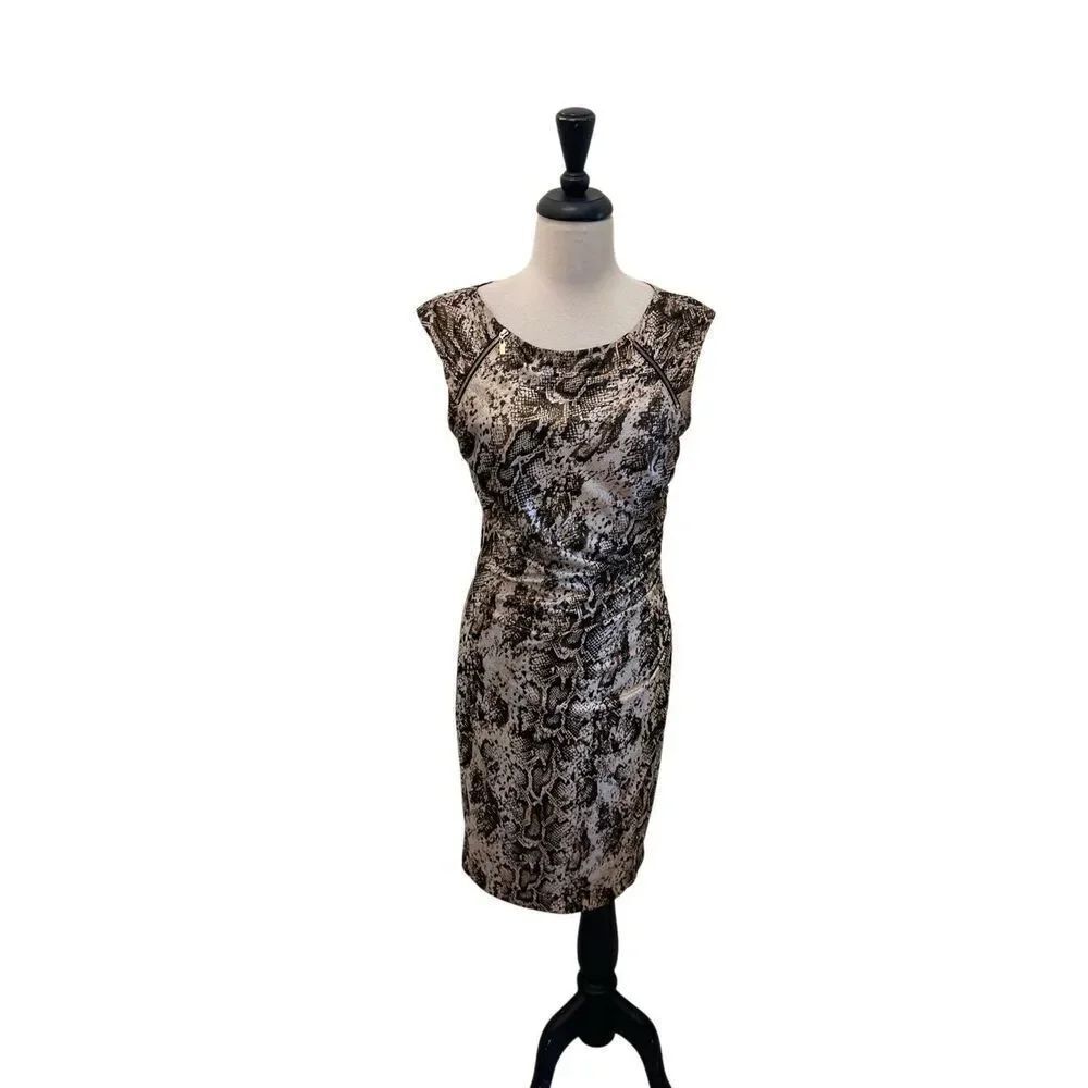 Cache Women's Snakeskin Sleeveless Metallic Sheath Dress Tan Black Size Medium